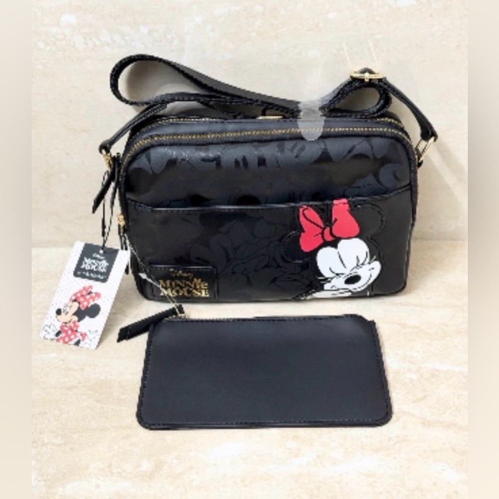 NWT Disney Double Zip Minnie Mouse Black and Gold Crossbody Bag with inner pouch